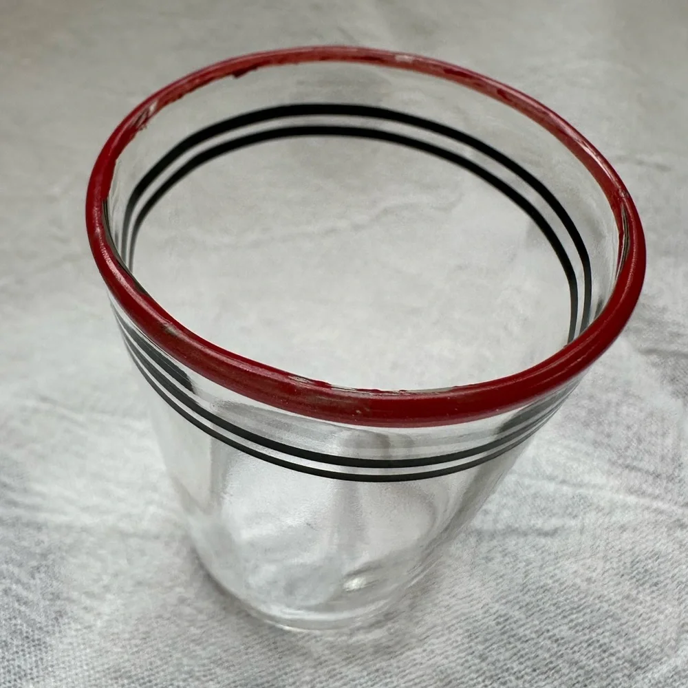 Vintage Nostalgic 1960s Era Matched Red & Black Banded Pair Clear Shot Glasses